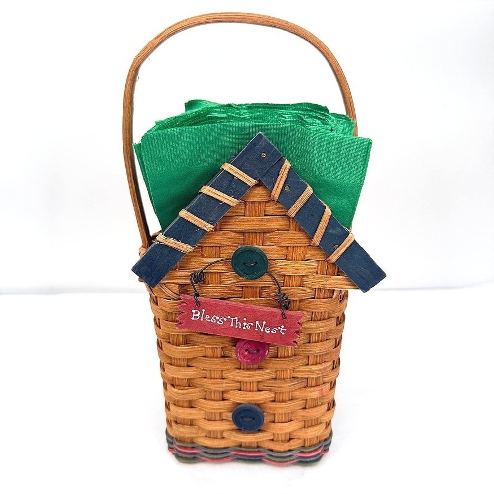 Napkin Holder Basket w/ Handle Bless This Nest Birdhouse Woven Country Decor
